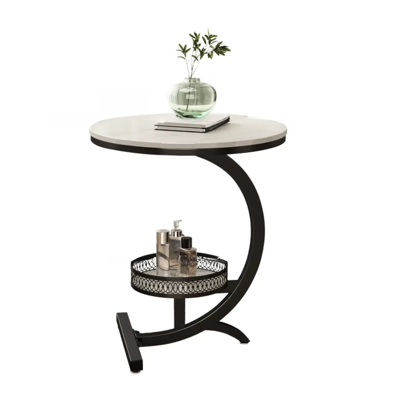 Table d'appoint en forme de C avec plateau en pierre et piètement en métal.