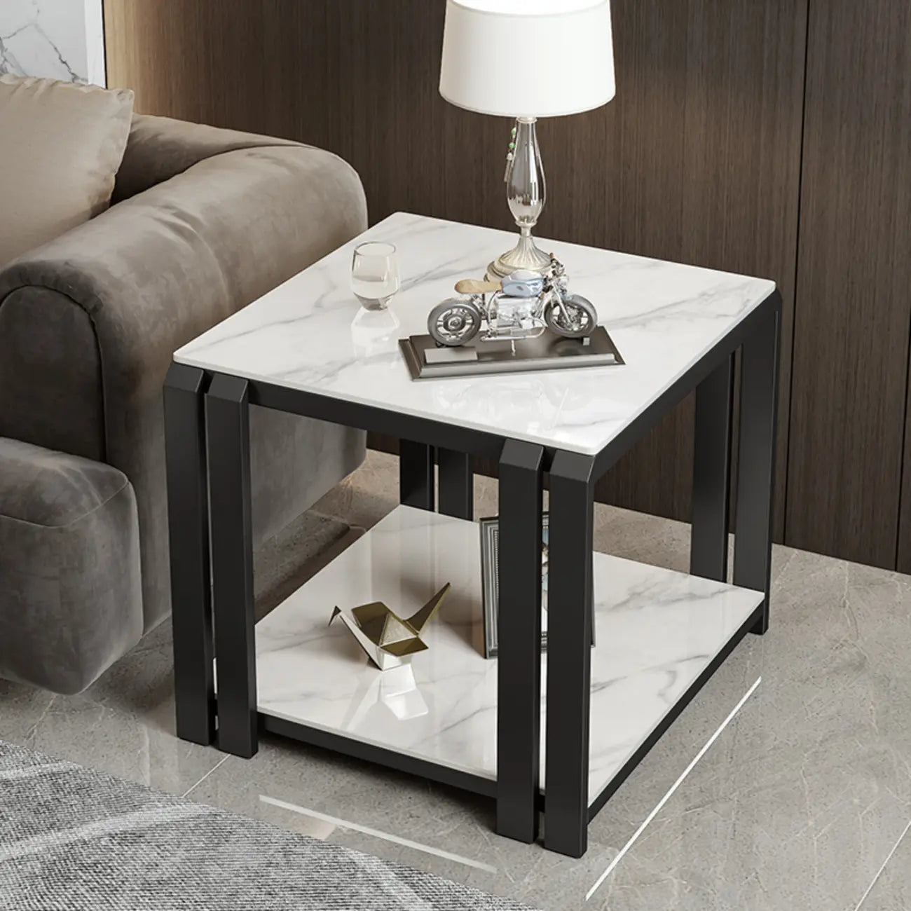 Table d'appoint carrée à deux niveaux, plateau en pierre, structure en métal doré et noir