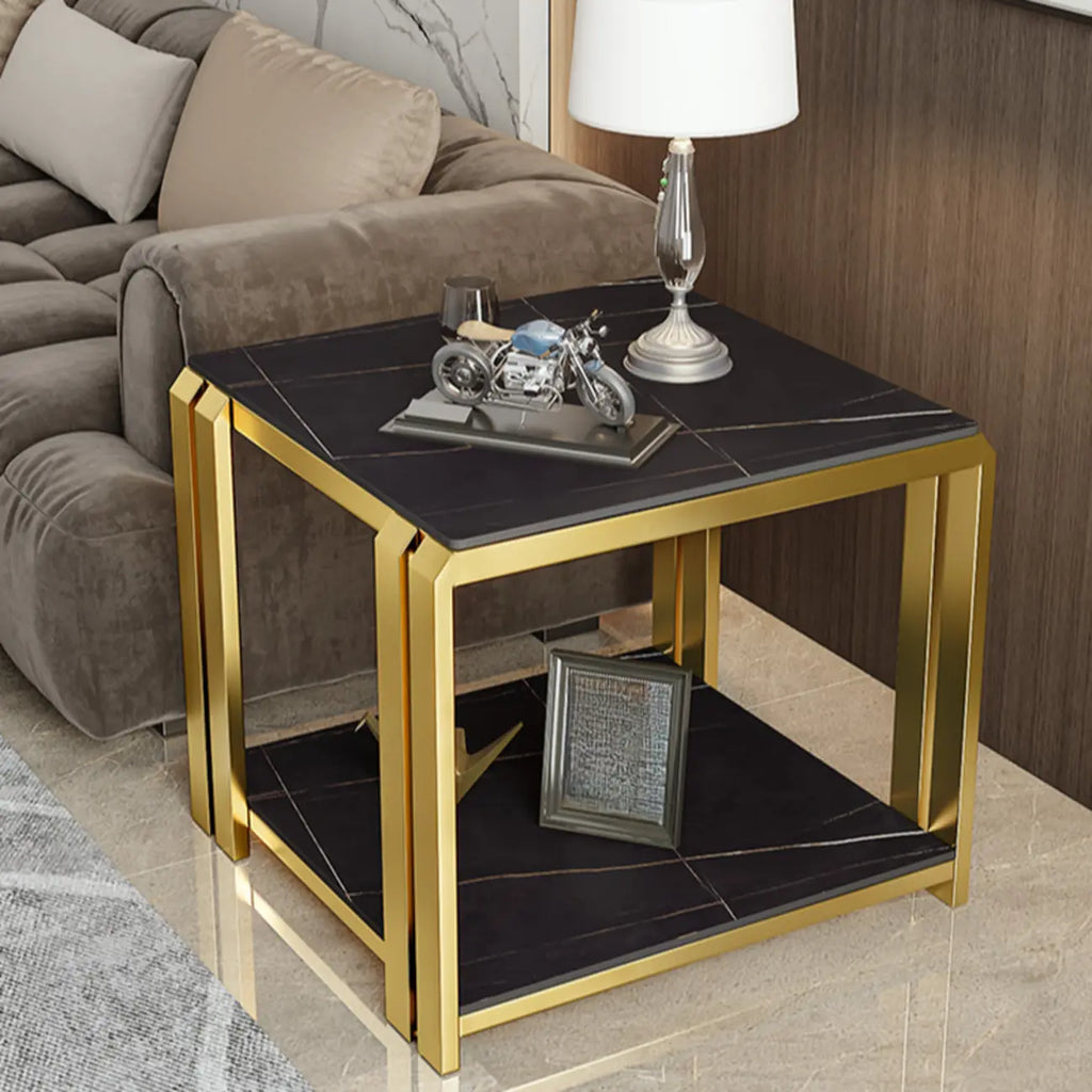 Table d'appoint carrée à deux niveaux, plateau en pierre, structure en métal doré et noir