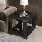 Table d'appoint carrée à deux niveaux, plateau en pierre, structure en métal doré et noir