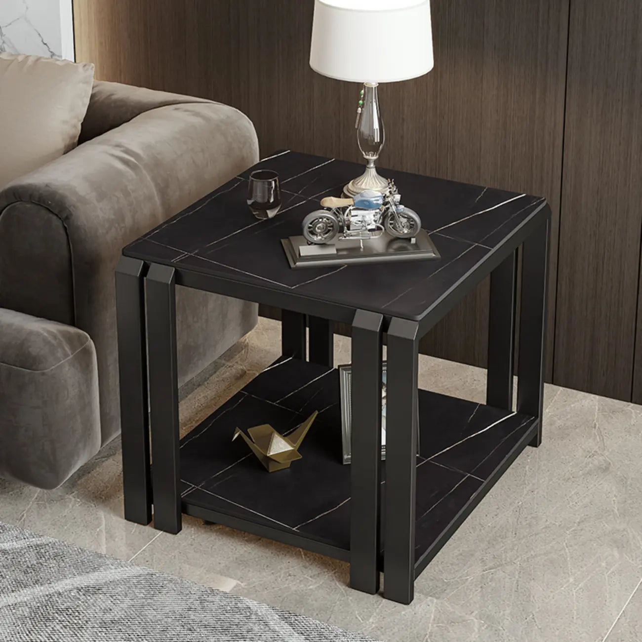Table d'appoint carrée à deux niveaux, plateau en pierre, structure en métal doré et noir