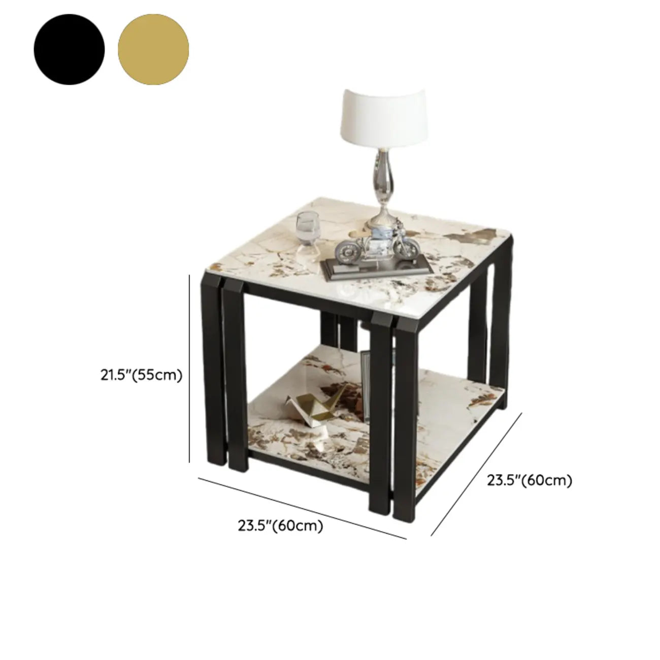 Table d'appoint carrée à deux niveaux, plateau en pierre, structure en métal doré et noir