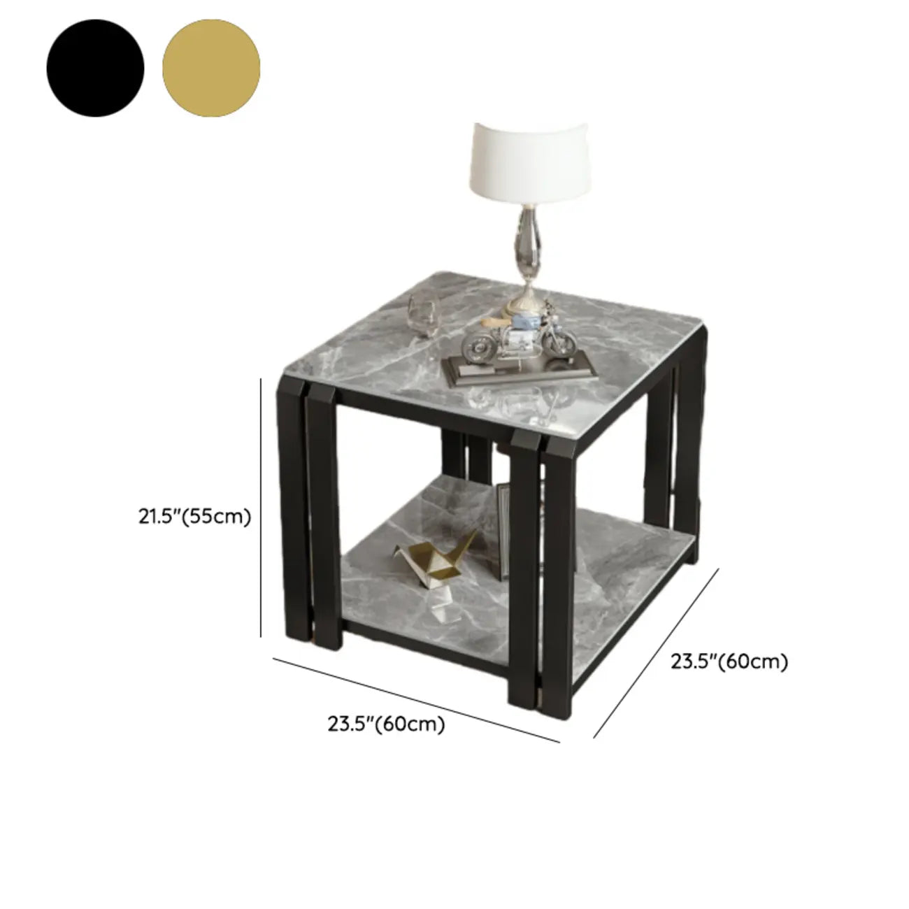 Table d'appoint carrée à deux niveaux, plateau en pierre, structure en métal doré et noir