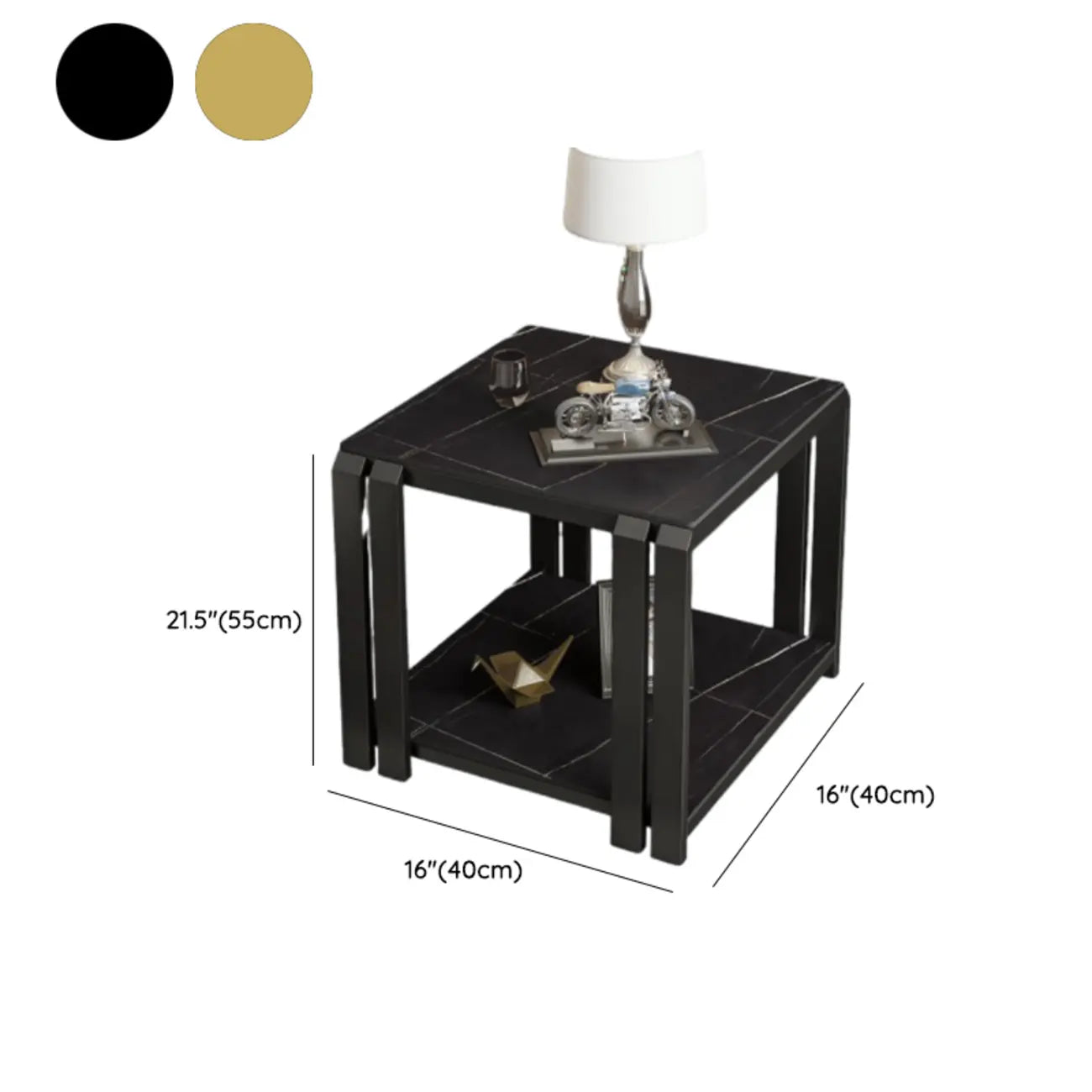 Table d'appoint carrée à deux niveaux, plateau en pierre, structure en métal doré et noir