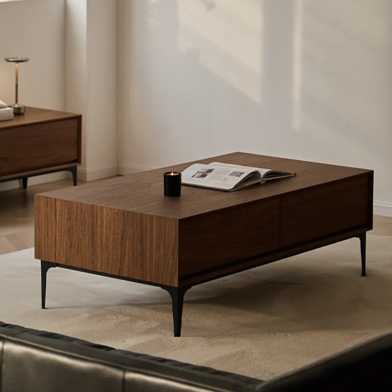 Grande table basse rectangulaire en bois marron imperméable à 4 tiroirs