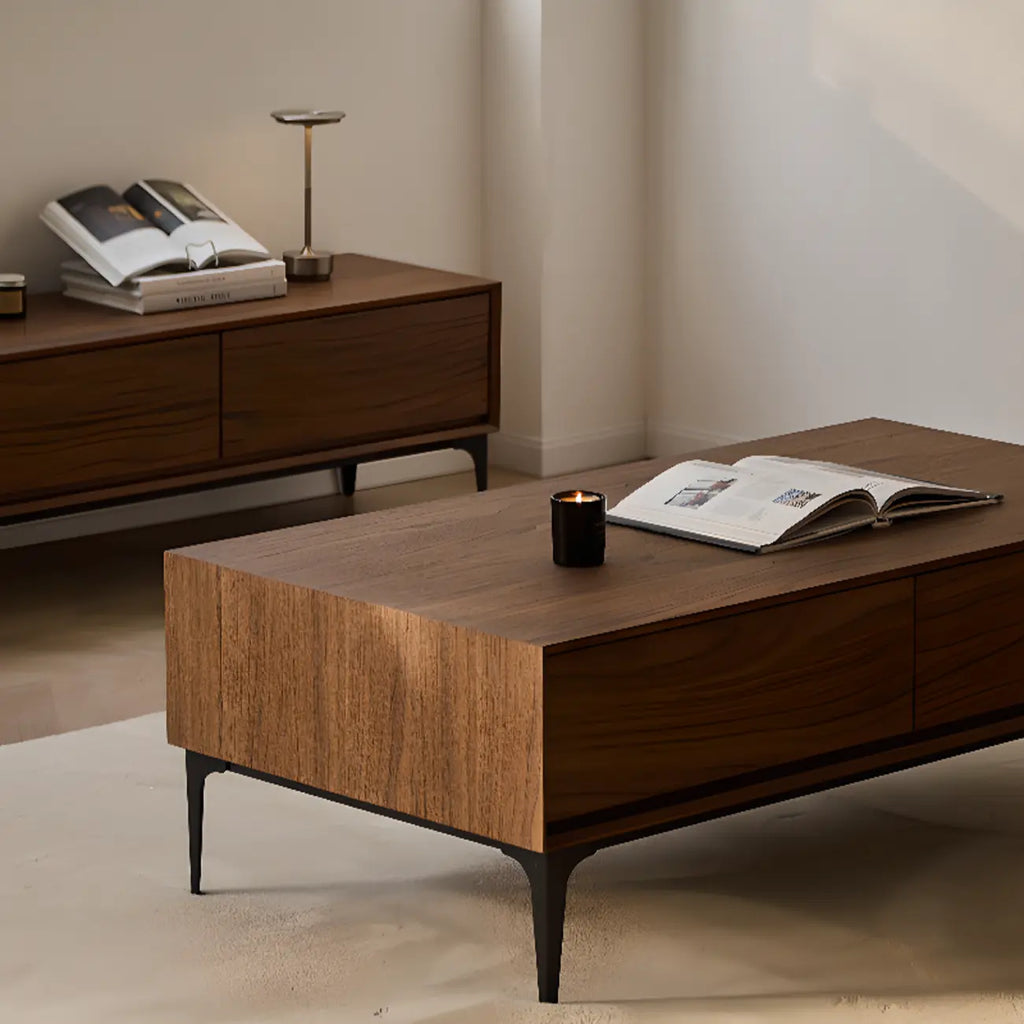 Grande table basse rectangulaire en bois marron imperméable à 4 tiroirs