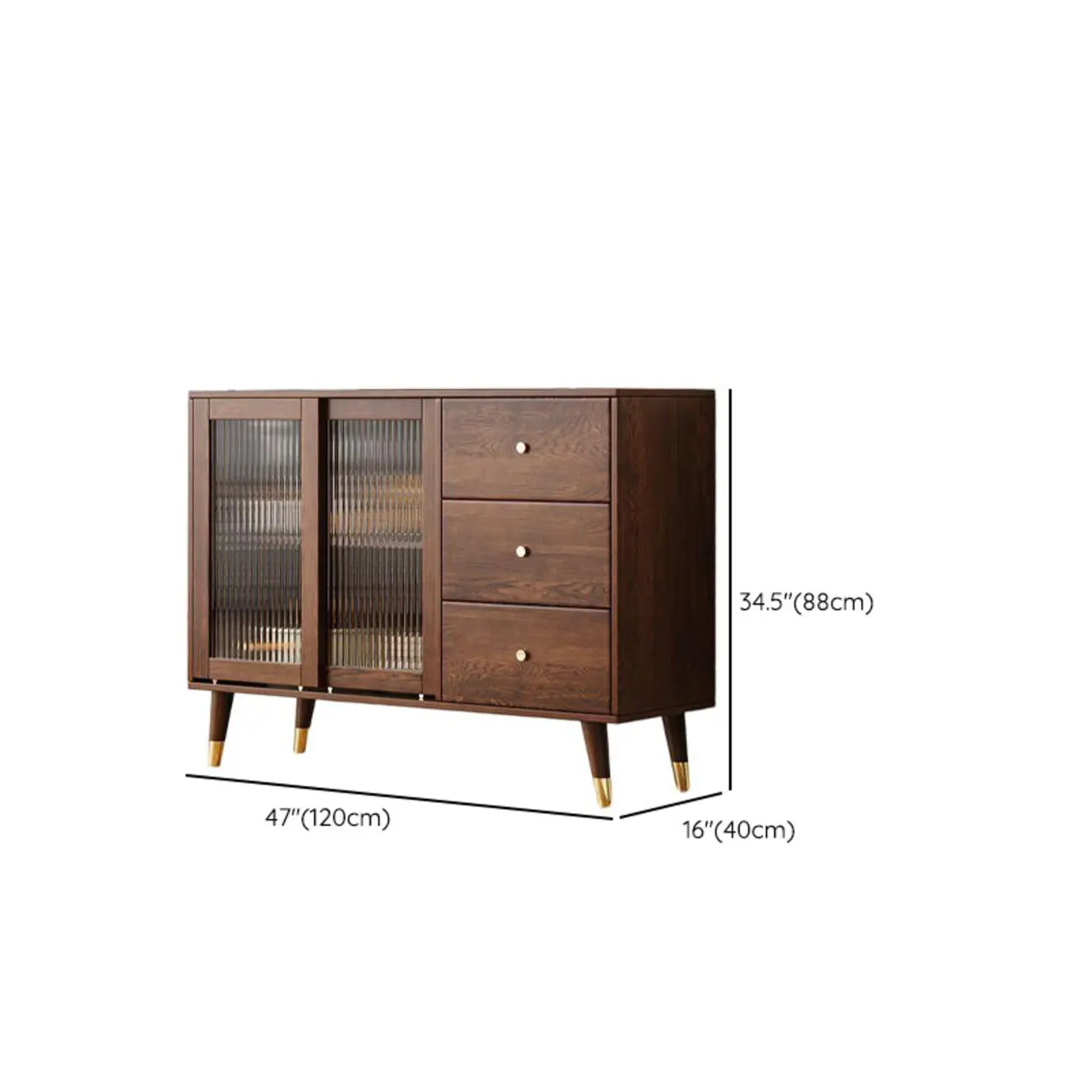 Buffet à trois tiroirs en bois brun avec portes coulissantes en verre