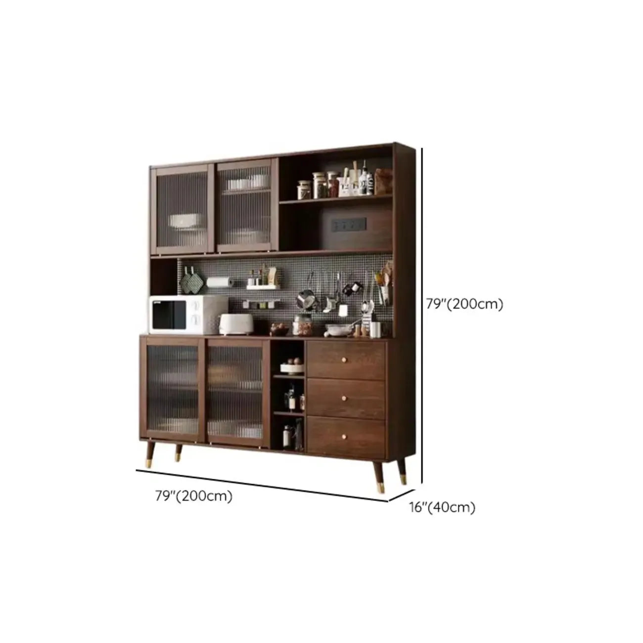 Buffet à trois tiroirs en bois brun avec portes coulissantes en verre