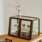 Vitrine minimaliste à deux niveaux en bois et verre pour table