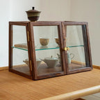 Vitrine minimaliste à deux niveaux en bois et verre pour table