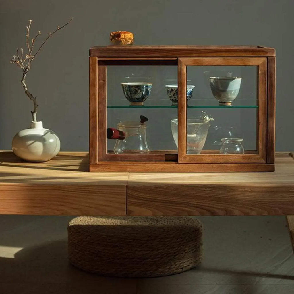 Vitrine minimaliste à deux niveaux en bois et verre pour table