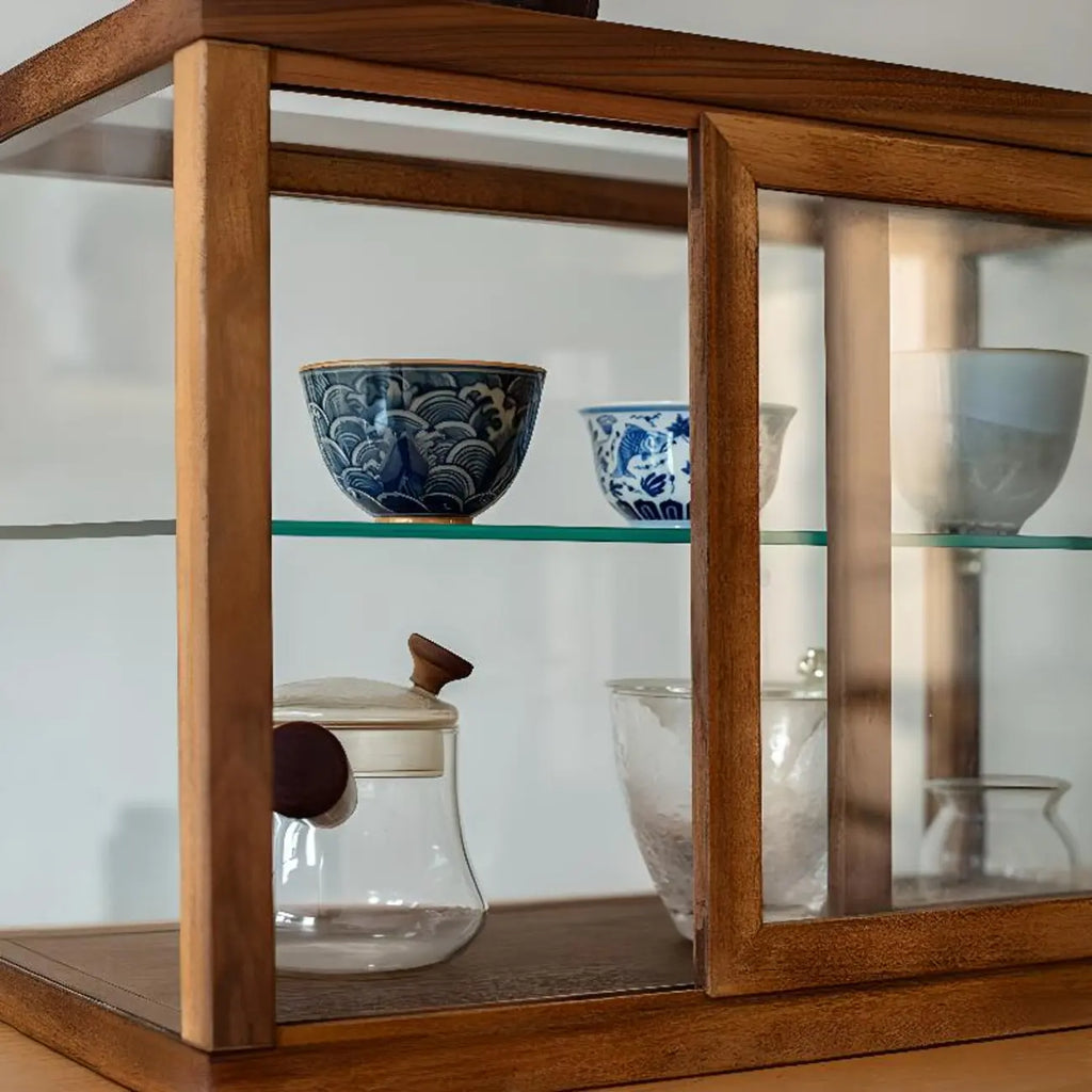 Vitrine minimaliste à deux niveaux en bois et verre pour table