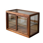 Vitrine minimaliste à deux niveaux en bois et verre pour table