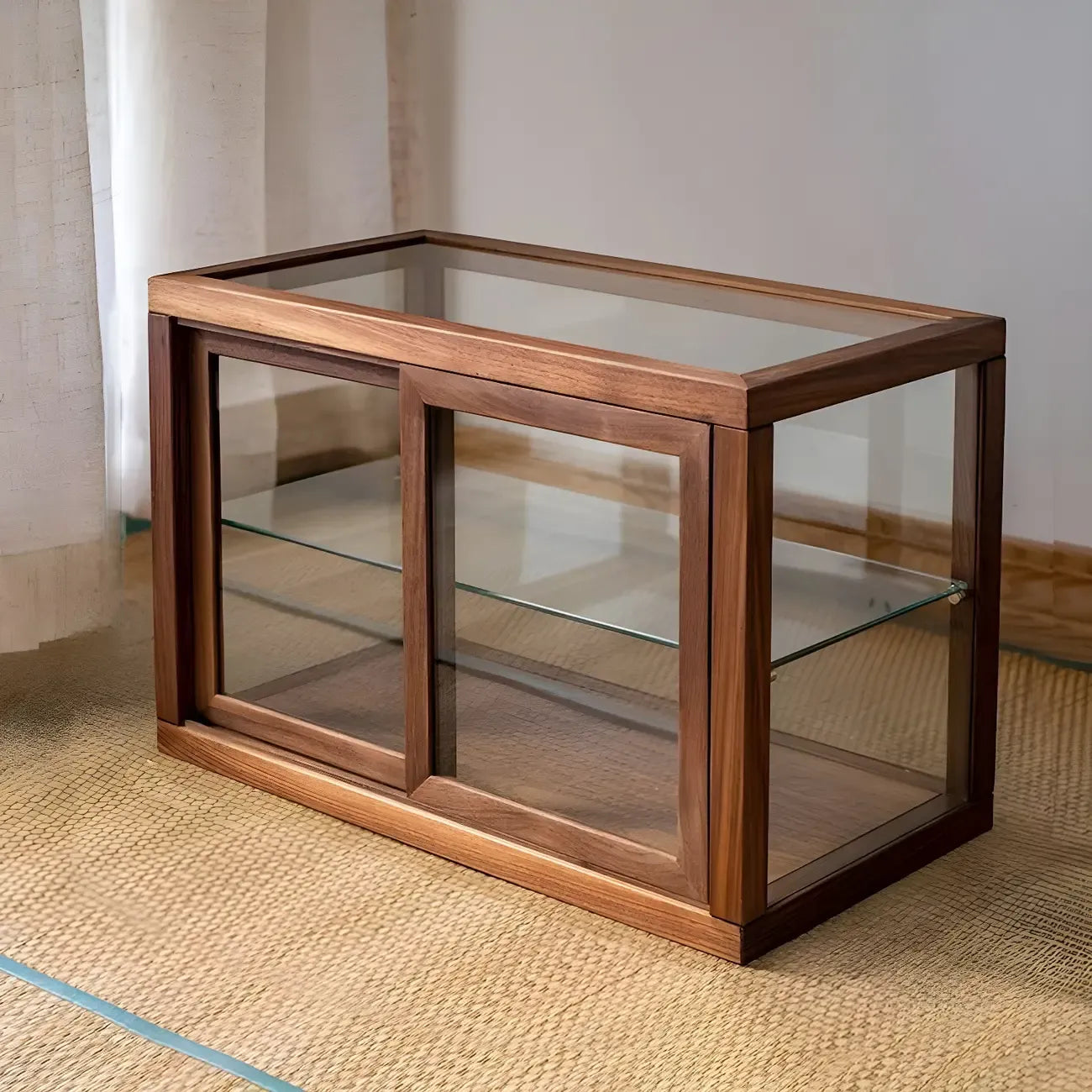 Vitrine minimaliste à deux niveaux en bois et verre pour table
