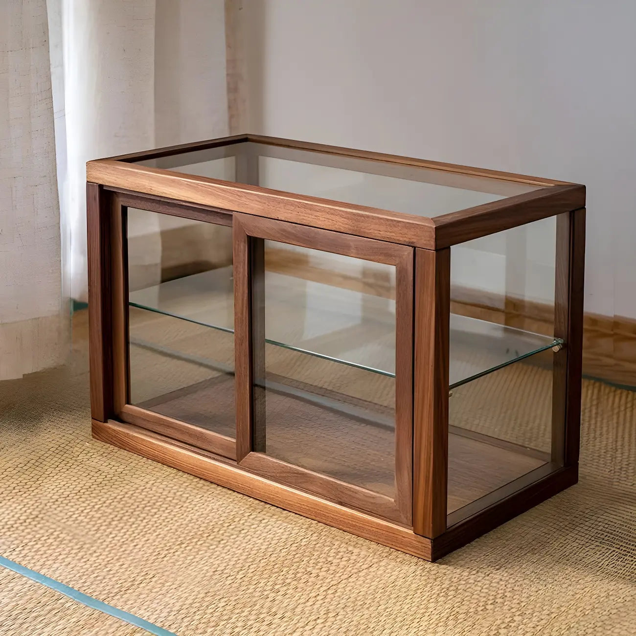 Vitrine minimaliste à deux niveaux en bois et verre pour table