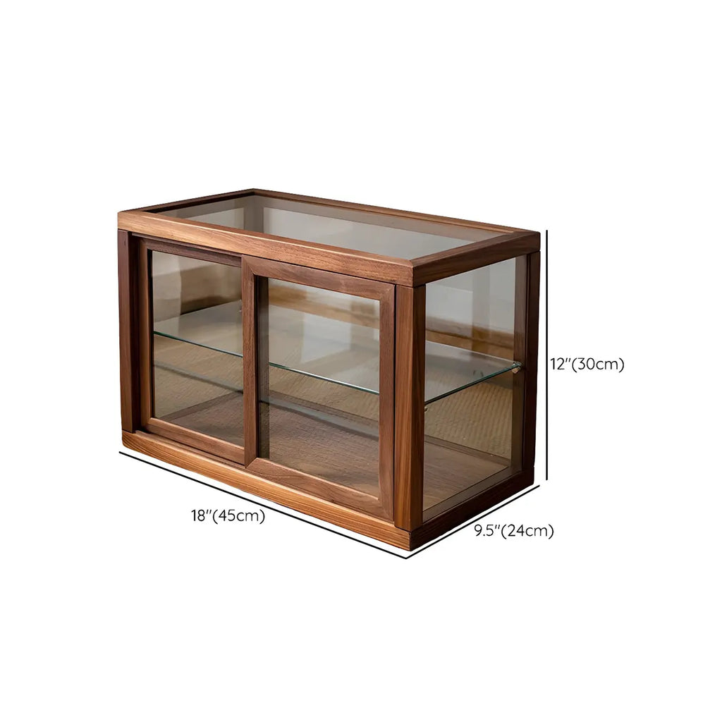 Vitrine minimaliste à deux niveaux en bois et verre pour table