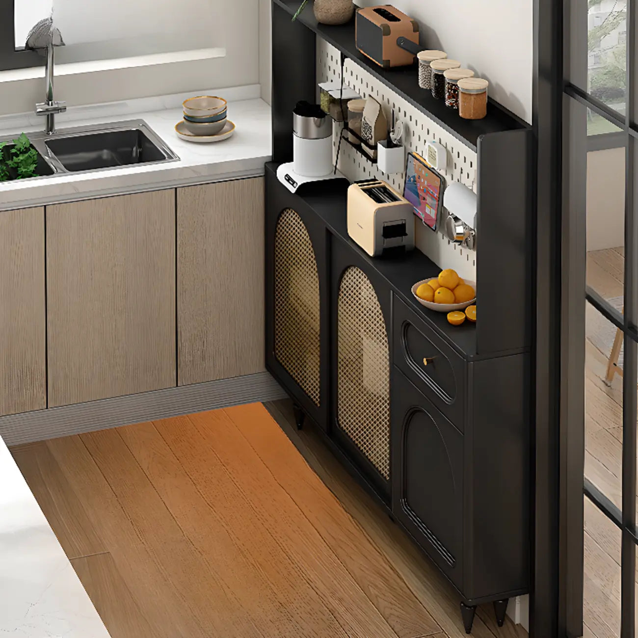Buffet de cuisine en bois expresso et rotin noir avec porte