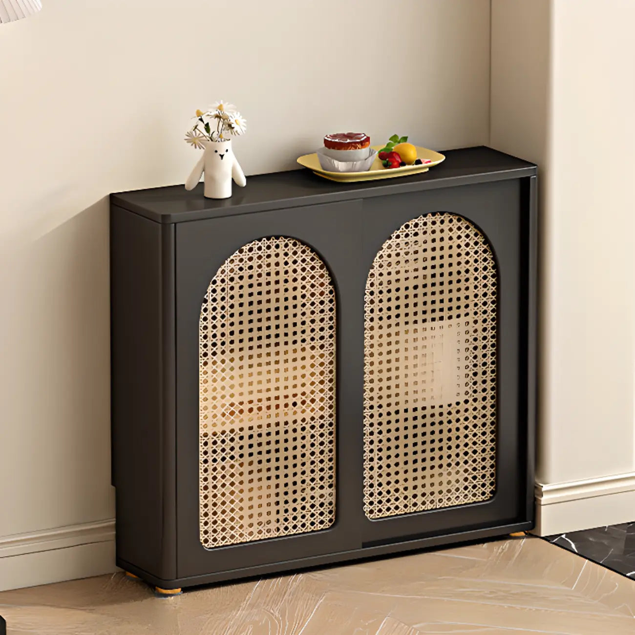 Buffet de cuisine en bois expresso et rotin noir avec porte