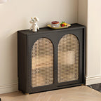 Buffet de cuisine en bois expresso et rotin noir avec porte