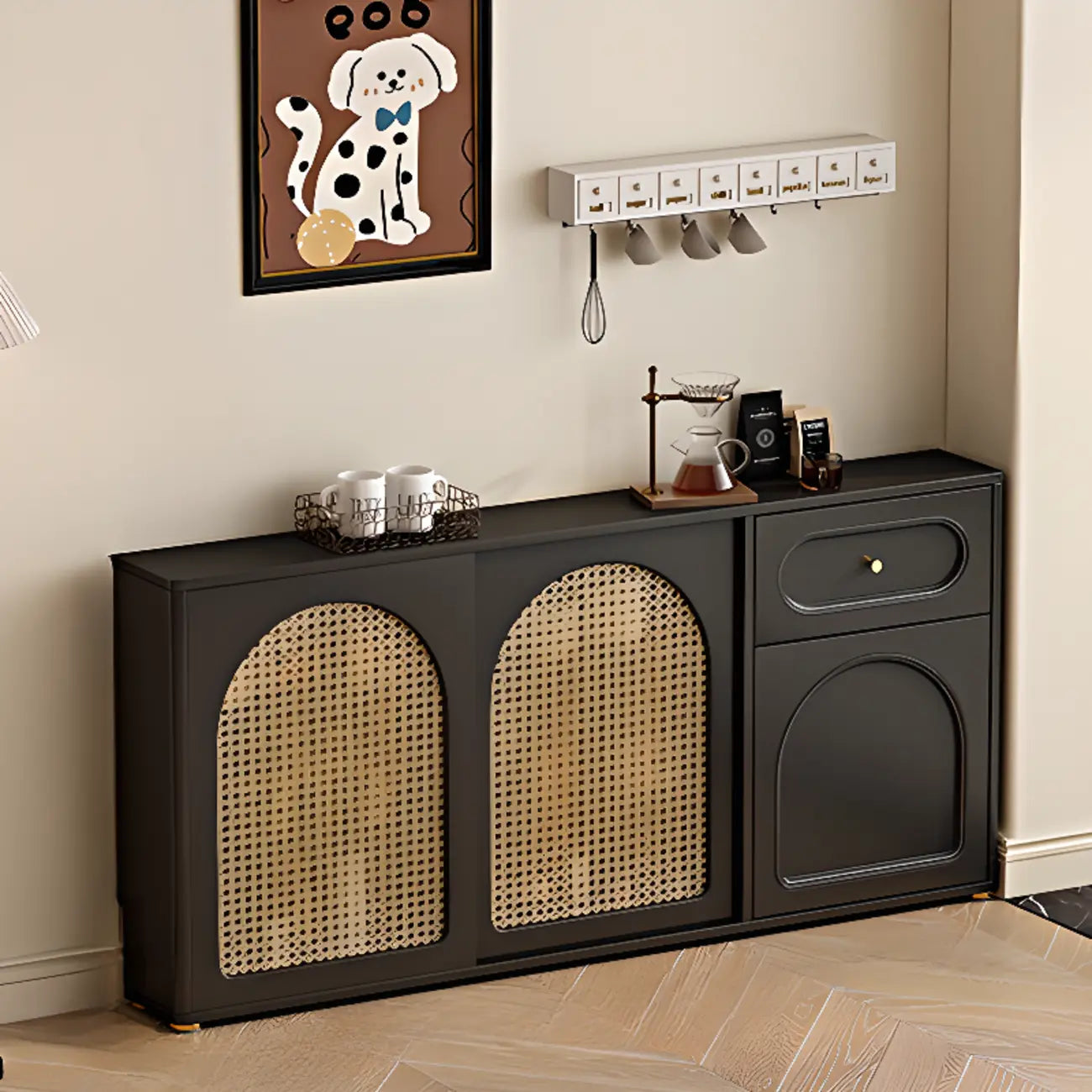 Buffet de cuisine en bois expresso et rotin noir avec porte