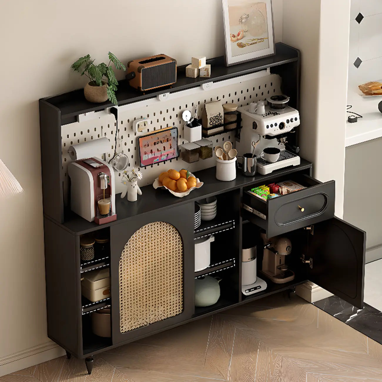 Buffet de cuisine en bois expresso et rotin noir avec porte