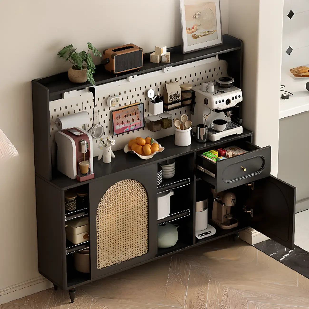Buffet de cuisine en bois expresso et rotin noir avec porte