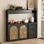 Buffet de cuisine en bois expresso et rotin noir avec porte