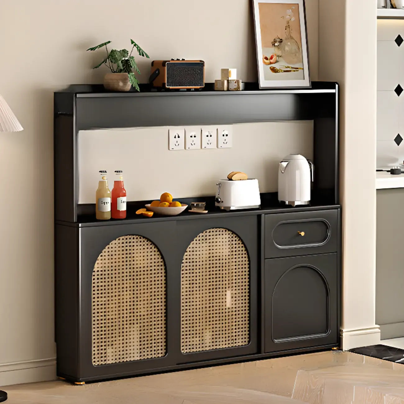 Buffet de cuisine en bois expresso et rotin noir avec porte