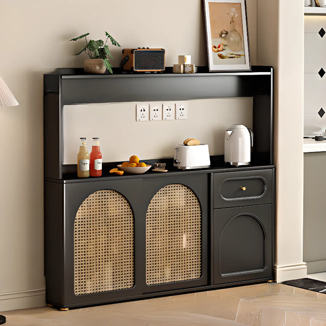 Buffet de cuisine en bois expresso et rotin noir avec porte