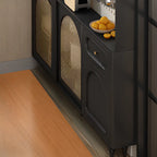 Buffet de cuisine en bois expresso et rotin noir avec porte