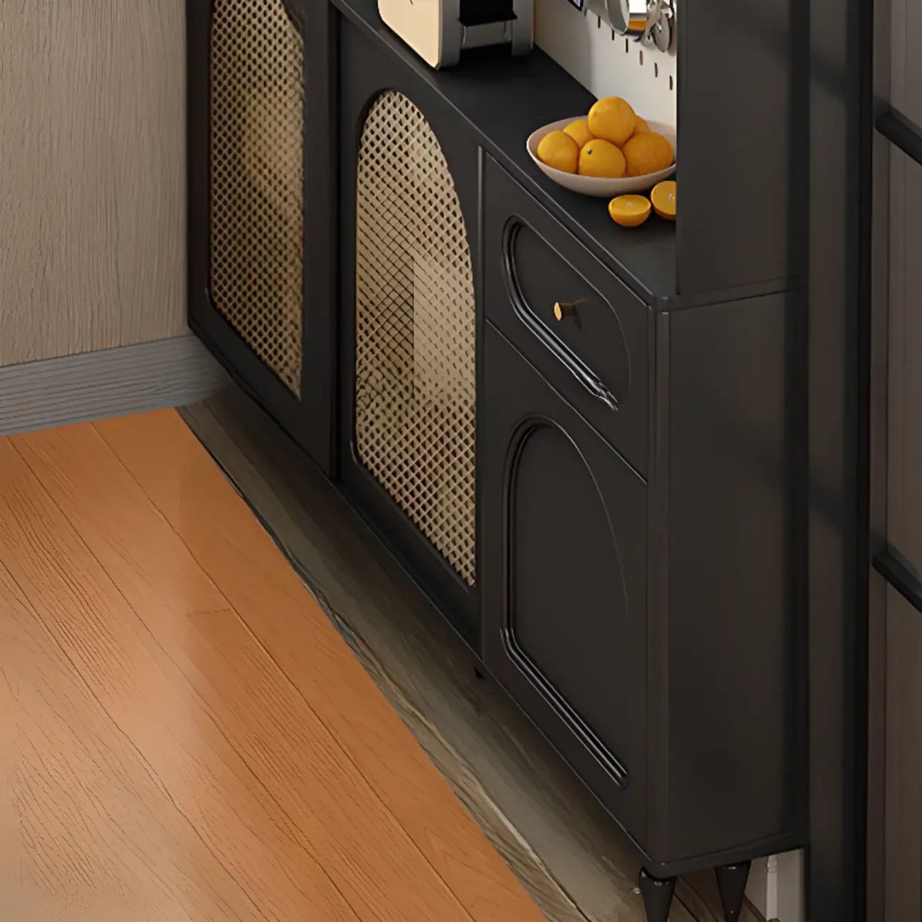 Buffet de cuisine en bois expresso et rotin noir avec porte