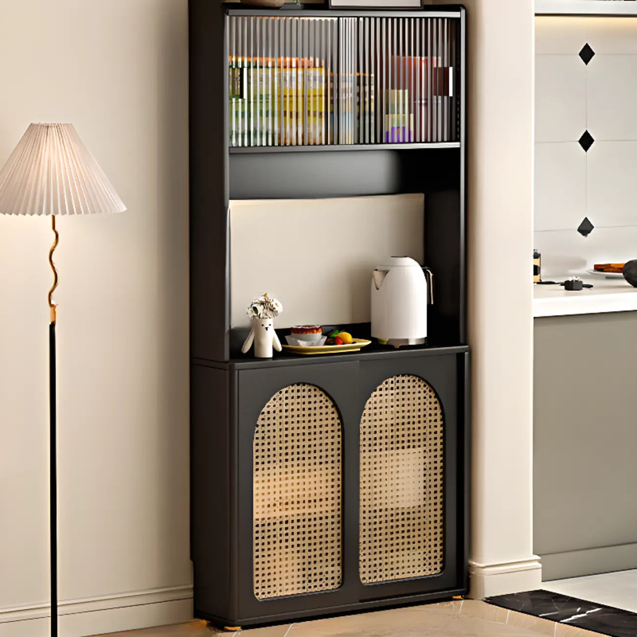 Buffet de cuisine en bois expresso et rotin noir avec porte