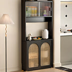 Buffet de cuisine en bois expresso et rotin noir avec porte