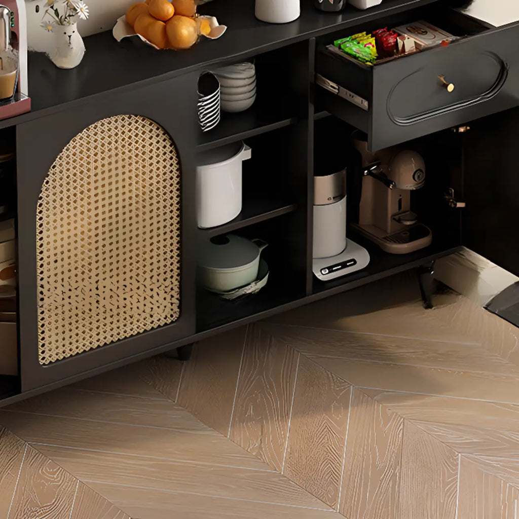 Buffet de cuisine en bois expresso et rotin noir avec porte