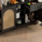 Buffet de cuisine en bois expresso et rotin noir avec porte