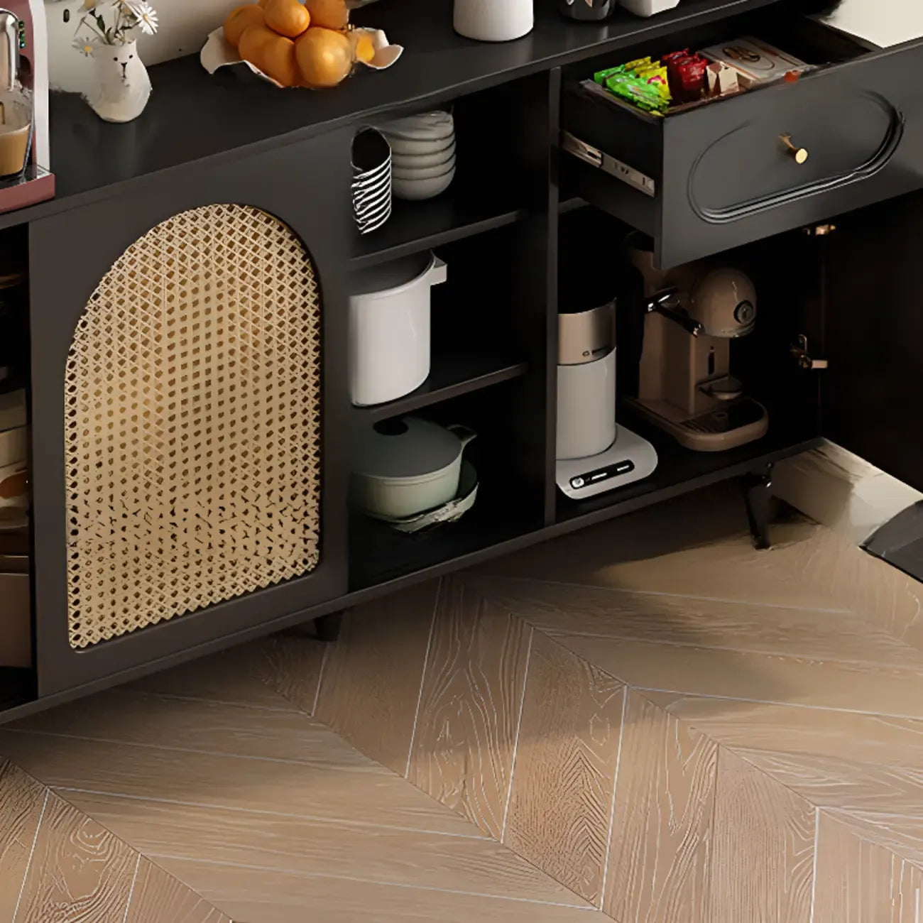 Buffet de cuisine en bois expresso et rotin noir avec porte