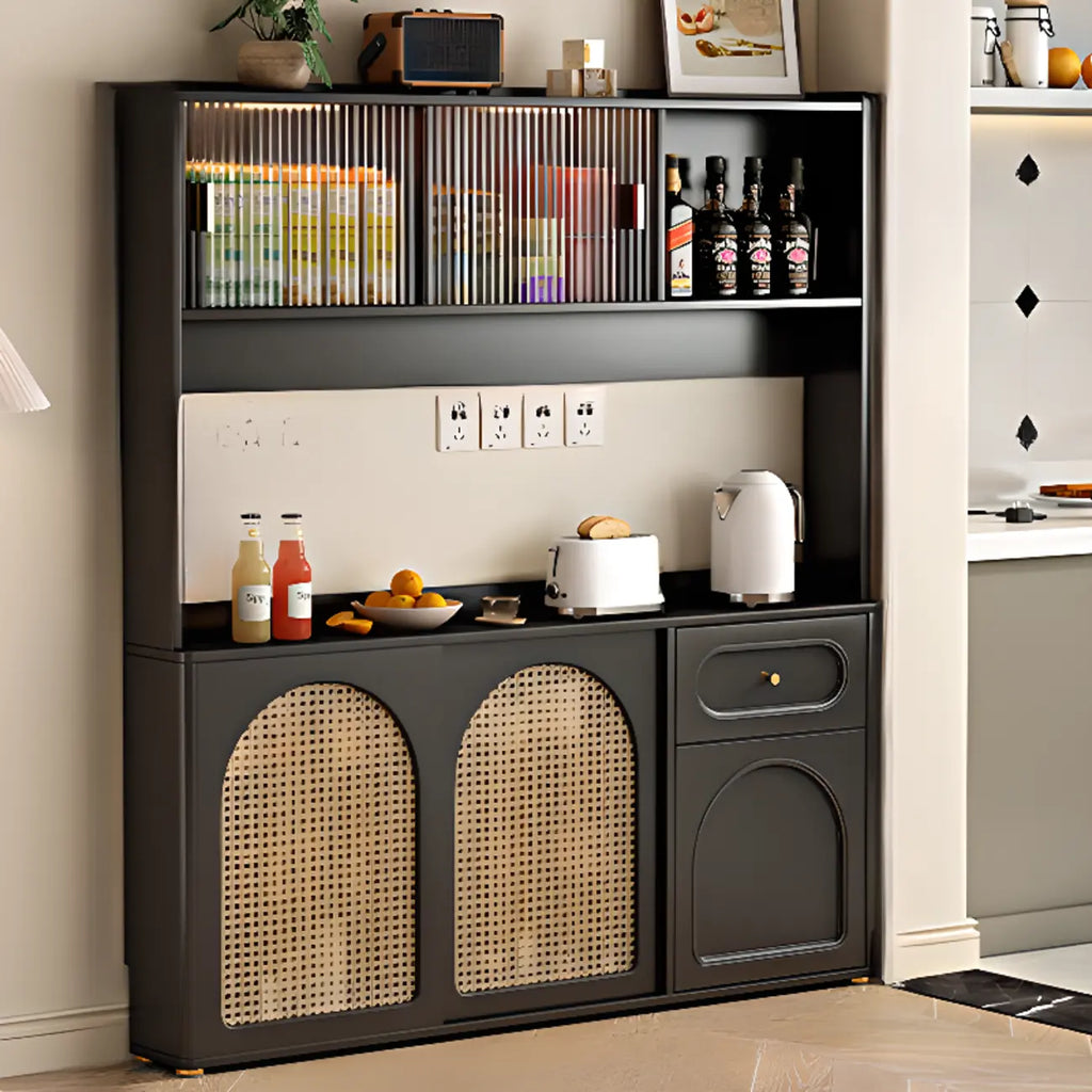Buffet de cuisine en bois expresso et rotin noir avec porte