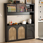 Buffet de cuisine en bois expresso et rotin noir avec porte