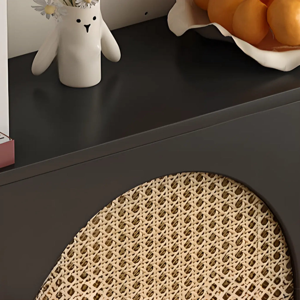 Buffet de cuisine en bois expresso et rotin noir avec porte