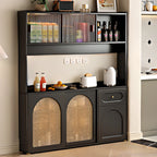 Buffet de cuisine en bois expresso et rotin noir avec porte