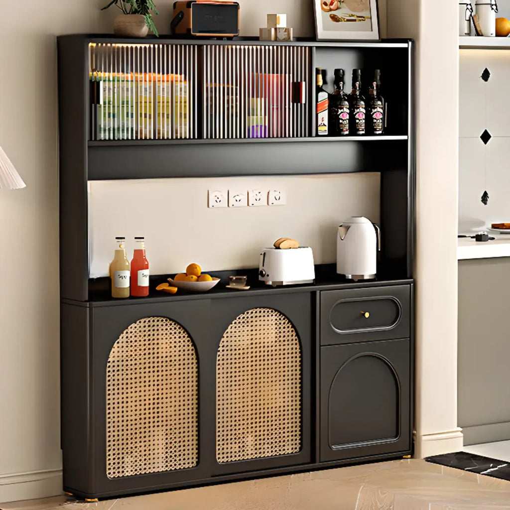 Buffet de cuisine en bois expresso et rotin noir avec porte