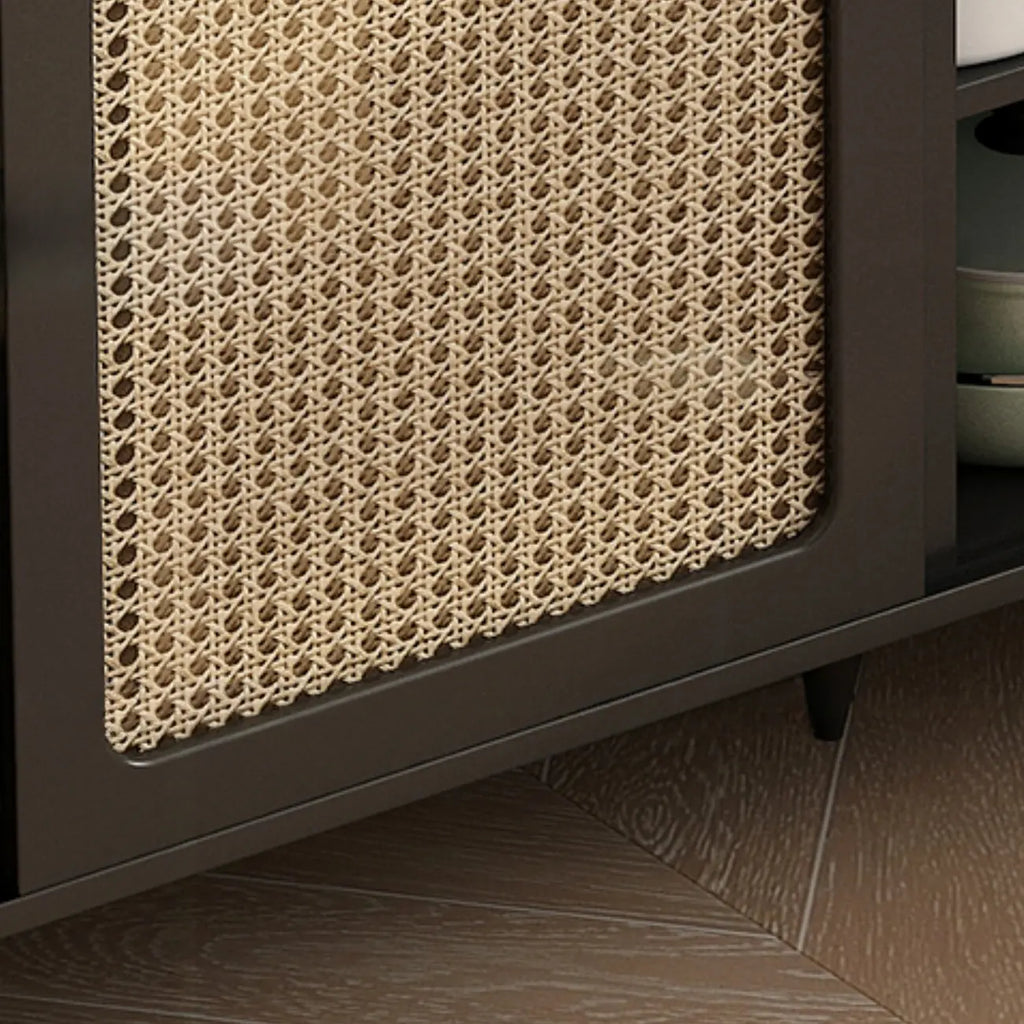 Buffet de cuisine en bois expresso et rotin noir avec porte