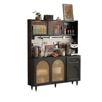 Buffet de cuisine en bois expresso et rotin noir avec porte