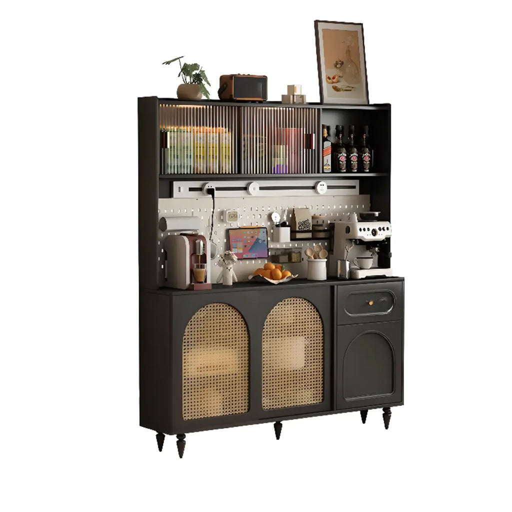 Buffet de cuisine en bois expresso et rotin noir avec porte
