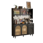 Buffet de cuisine en bois expresso et rotin noir avec porte