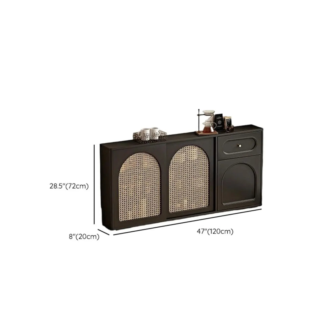 Buffet de cuisine en bois expresso et rotin noir avec porte