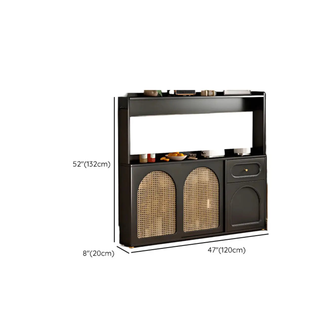 Buffet de cuisine en bois expresso et rotin noir avec porte