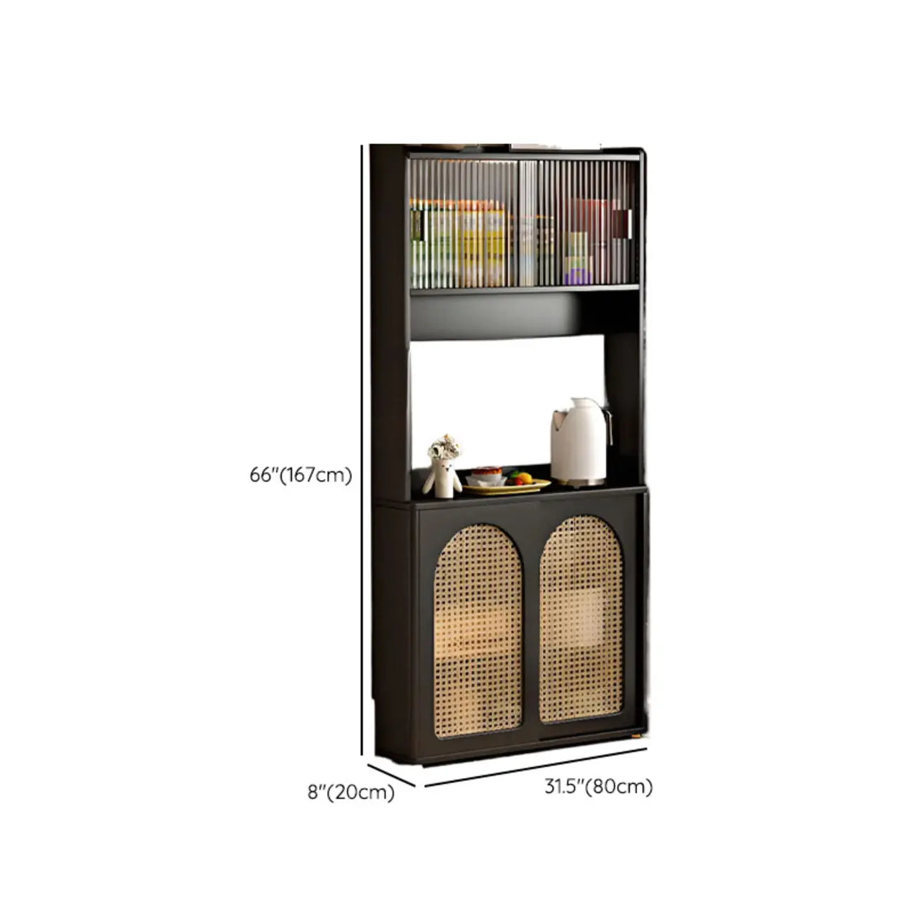 Buffet de cuisine en bois expresso et rotin noir avec porte