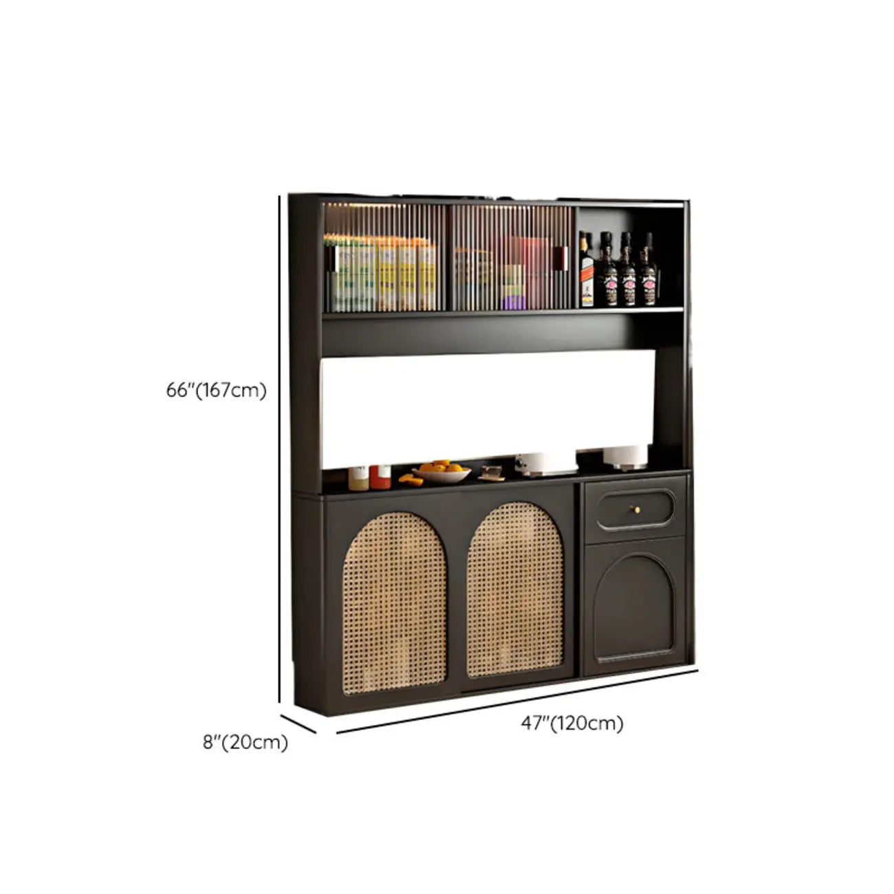 Buffet de cuisine en bois expresso et rotin noir avec porte