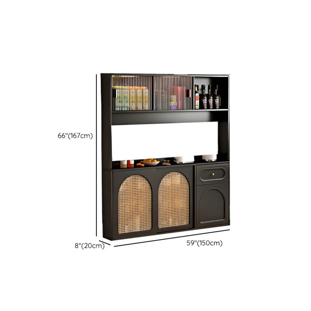 Buffet de cuisine en bois expresso et rotin noir avec porte